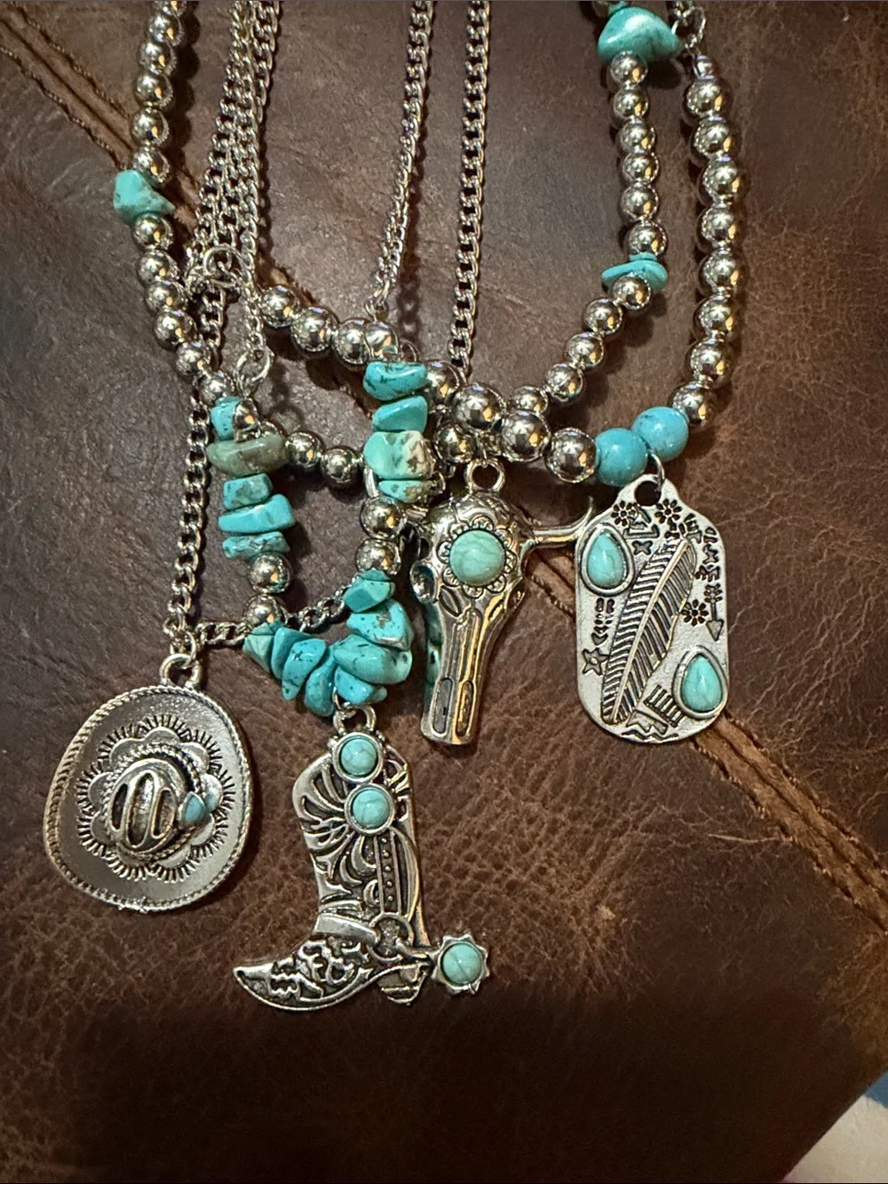 Faux silver 4 necklace set with Turquoise Accent Western Charms - Picture 3 of 3